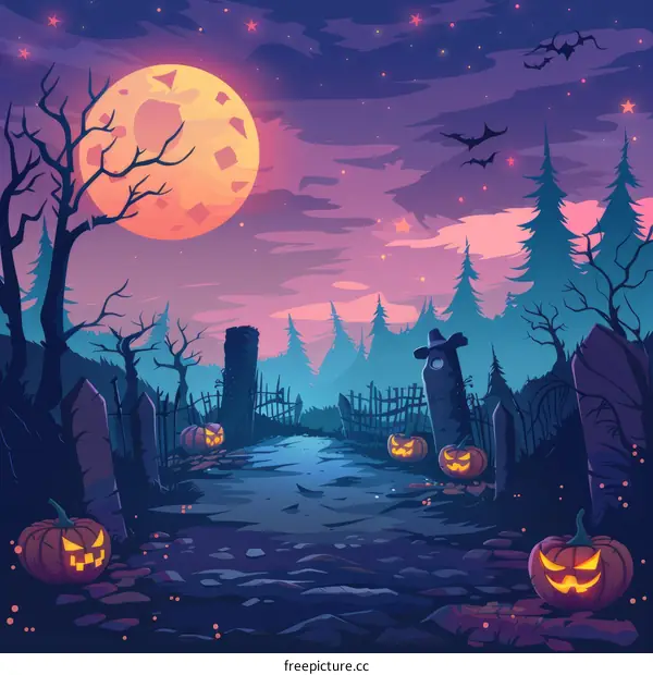 Spooky Cemetery with Pumpkins and a Full Moon