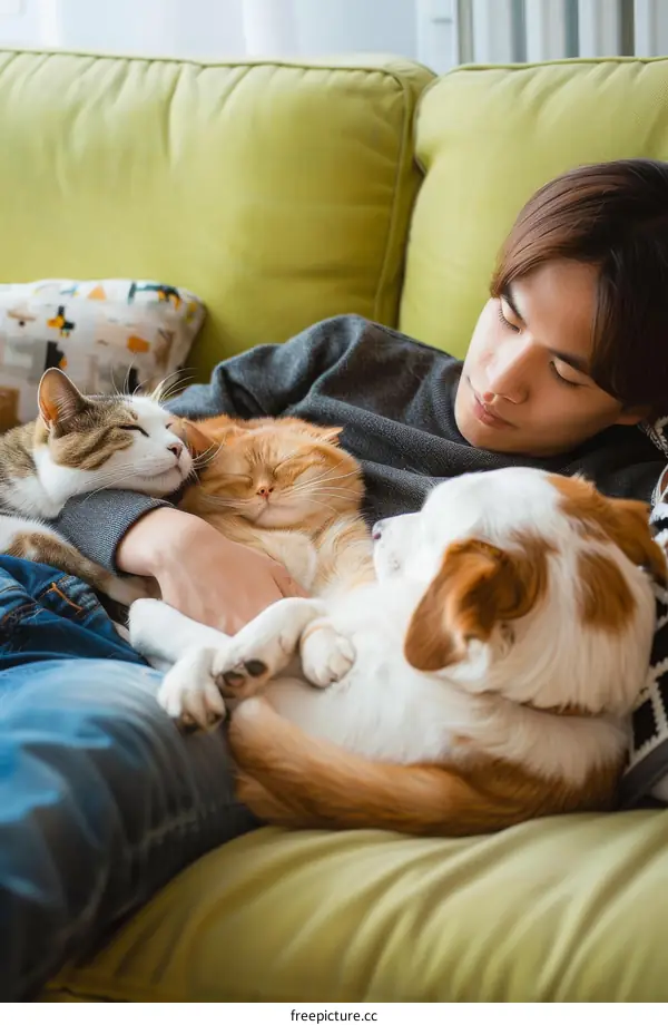 A Man Taking a Nap with His Beloved Pets