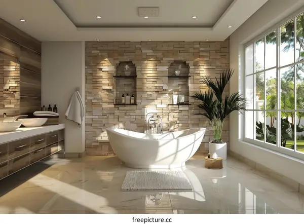Modern Bathroom Interior Design with Stone Wall