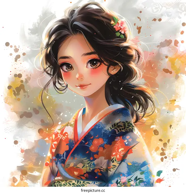 Illustration of a Japanese girl wearing a kimono