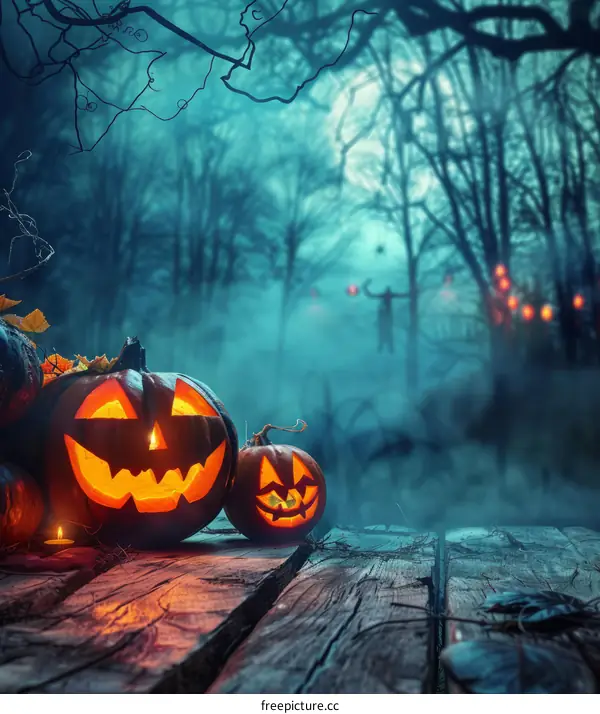 Spooky Jack-O'-Lanterns in a Dark Forest