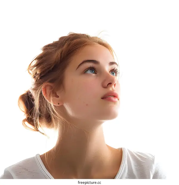 Portrait of a Young Woman Looking Up with Red Hair