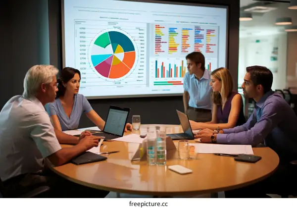 Business people discussing financial data in a meeting room