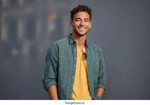 Smiling Man in a Plaid Shirt Outdoors