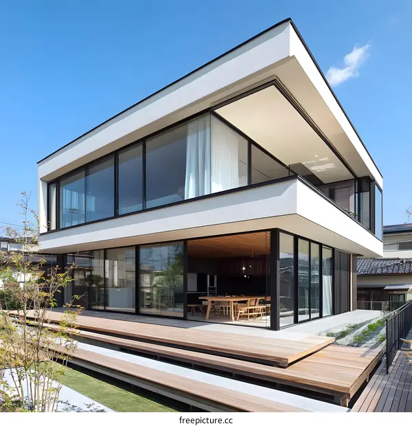 Modern House with Large Glass Windows and Wooden Deck