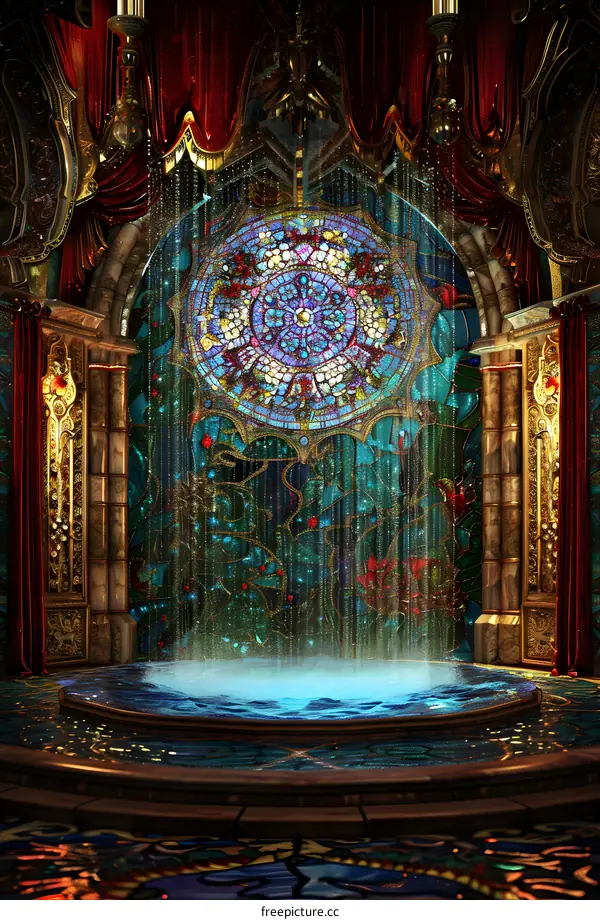 Water Fountain Inside Golden Palace With Red Curtains