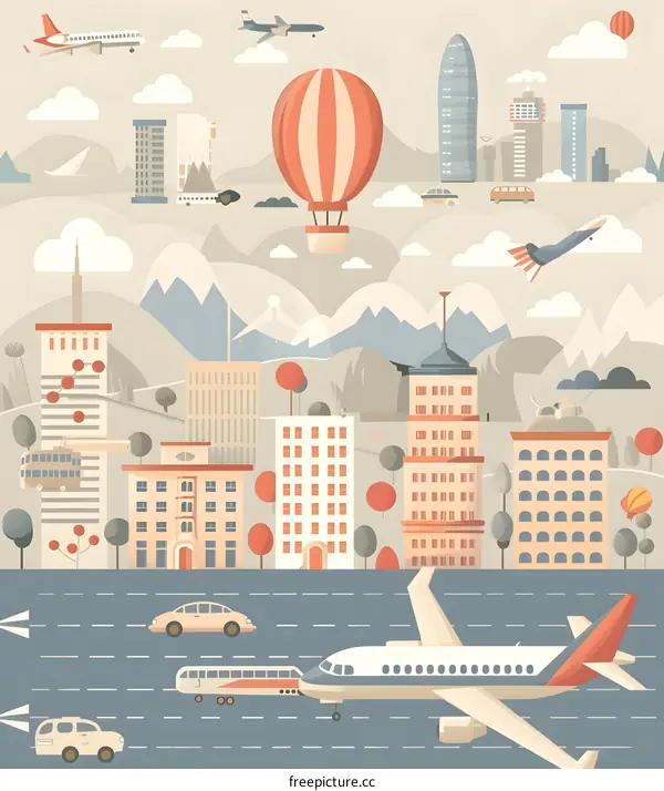 Cityscape with Hot Air Balloon, Airplane and Cars