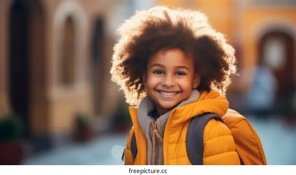 Portrait of a smiling young girl with curly hair wearing a yellow jacket and a backpack