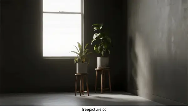 Indoor plants placed near a window in a dimly lit room