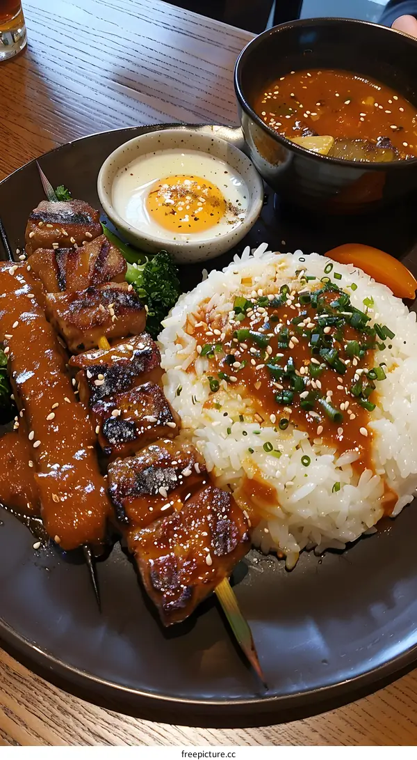A plate of Japanese food with rice, soup and egg