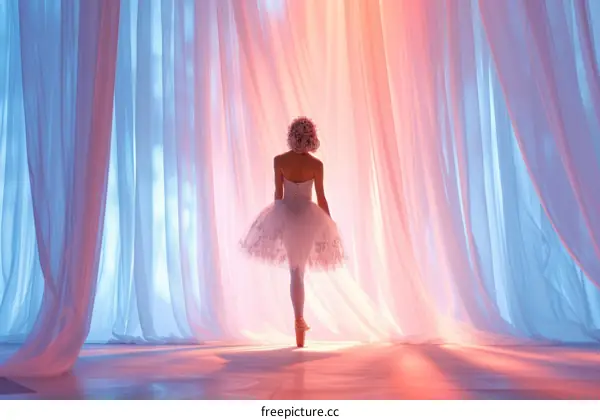 ballerina in white tutu dancing on stage with pink and blue curtains