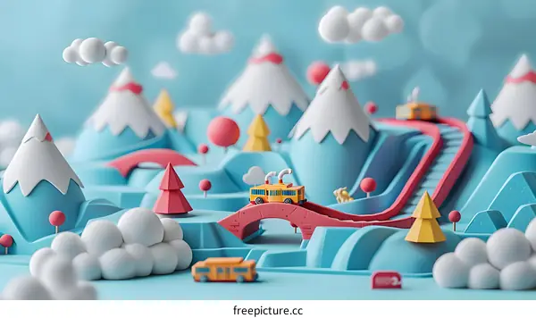 toy cars on a colorful 3d terrain with mountains