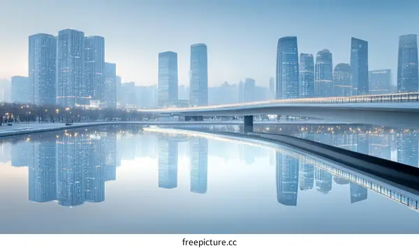 Modern City Skyline Reflection Over Calm Water