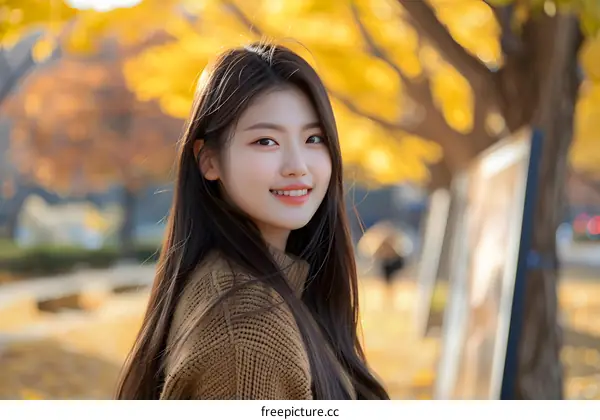 Smiling Asian Woman with Long Hair in Autumn Leaves