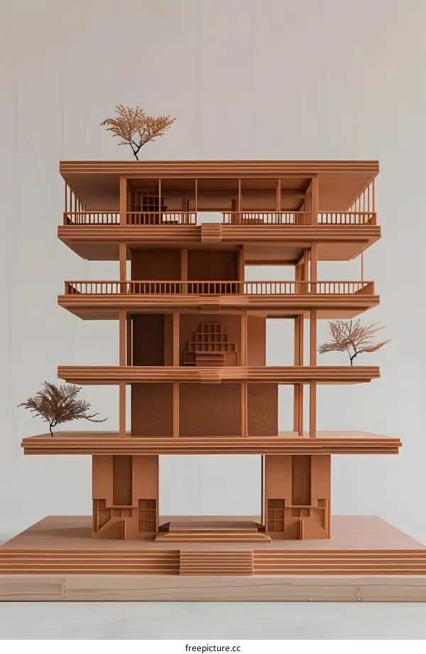 Wooden Model of a Modern Multi Story Building with Trees