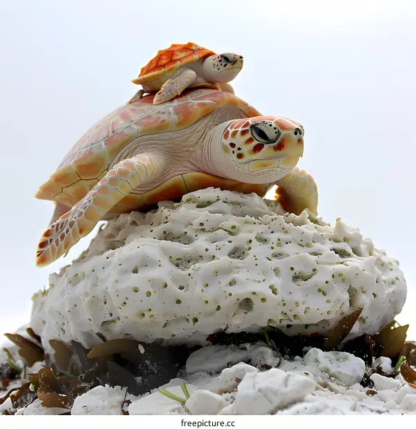 A green sea turtle and its baby