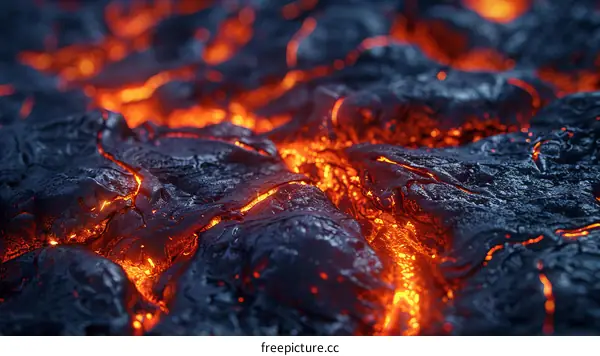 Lava from a volcano flows over rocks