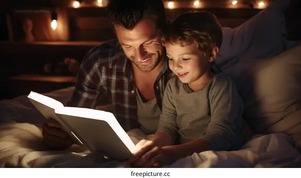 Father and son reading a book together in bed