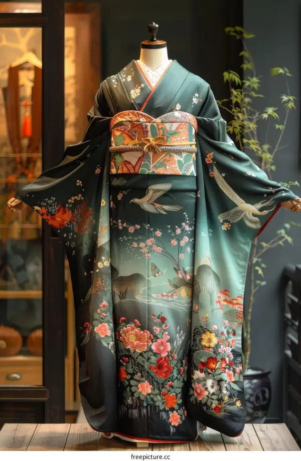 A woman wearing a kimono with a floral pattern and a maple leaf pattern