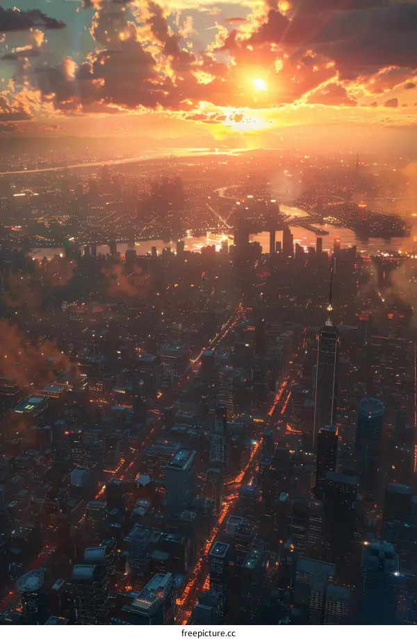 Aerial View of City Skyline at Sunset