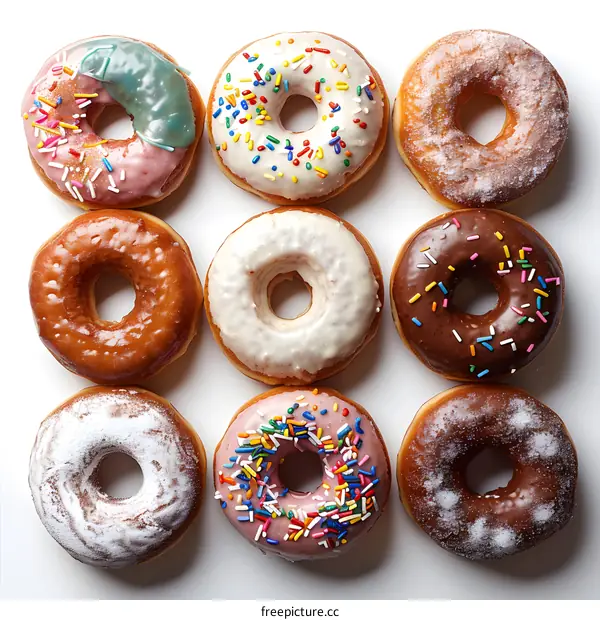 Nine donuts of different flavors