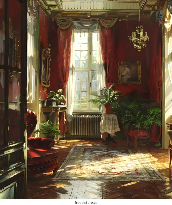 luxurious living room interior with red velvet curtains and green plants