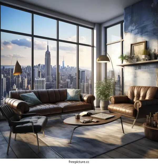 Modern living room interior with city view