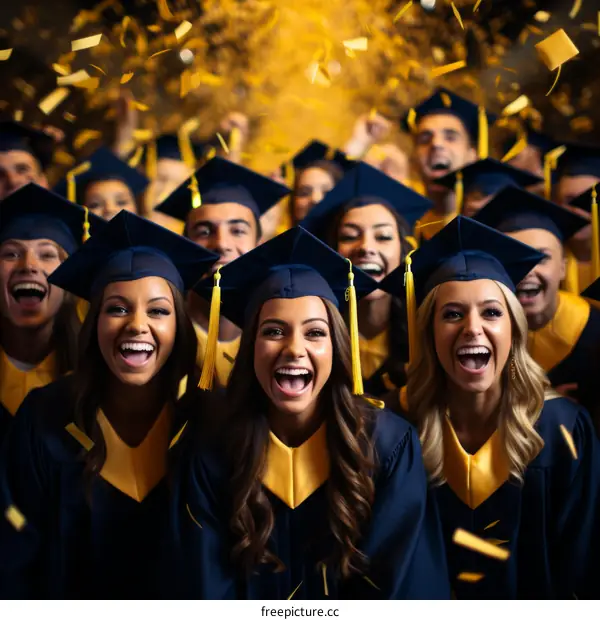 Happy Graduates in Blue Gowns and Yellow Tassels Celebrate with Confetti