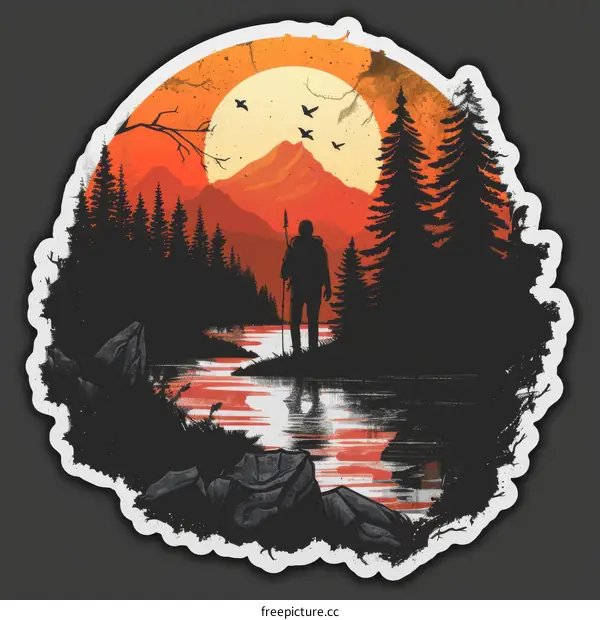 Man with a spear standing near the lake in the forest at sunset