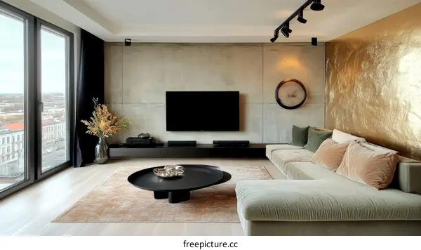Modern Concrete Living Room with Gold Accents
