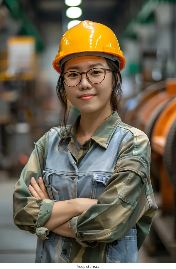 Portrait of a young Asian female engineer wearing a hard hat and safety glasses, standing in a factory.