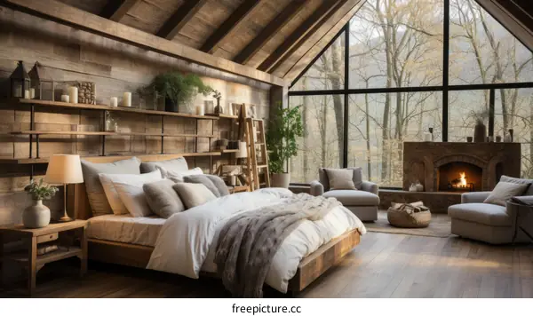 A cozy bedroom with a fireplace and a view of the forest