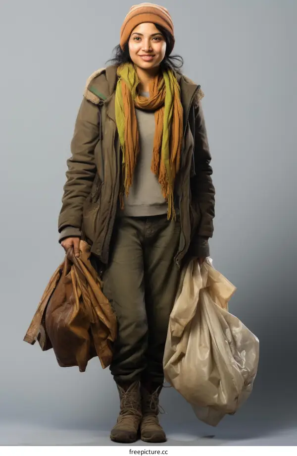 A woman in a brown beanie and an orange scarf is holding a brown leather jacket and a white plastic bag.