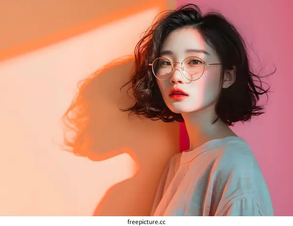 Young Woman with Short Hair and Glasses in a Studio Setting