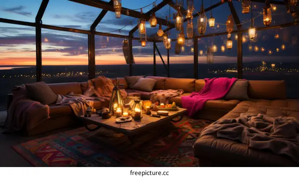 A cozy living room with a view of the night sky