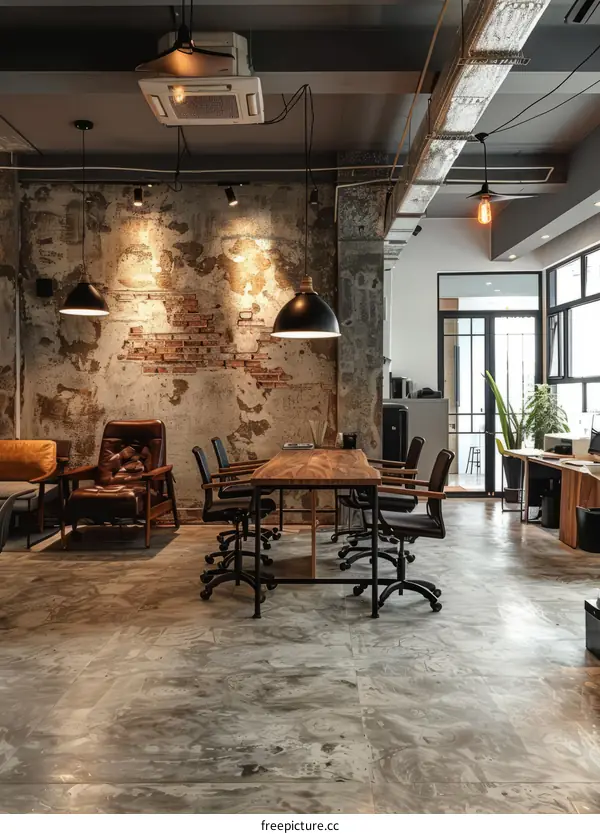 Industrial Style Office Interior Design with Exposed Brick Wall