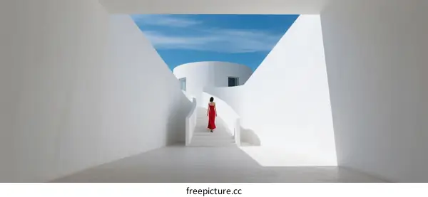 Modern white architecture with a person in red standing on stairs