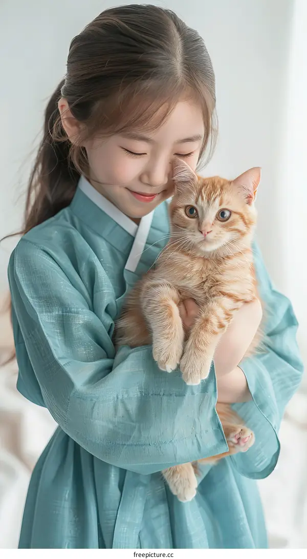A young girl in a blue dress is holding an orange cat