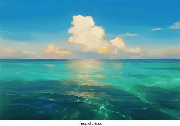 Vibrant Turquoise Ocean Surface Under Fluffy White Clouds