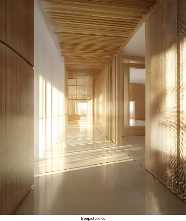 Wooden Corridor Interior Design With Sunlight