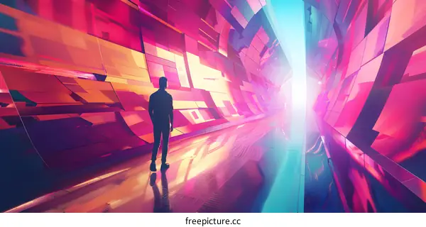 Silhouette of Man Standing in a Futuristic Abstract Tunnel