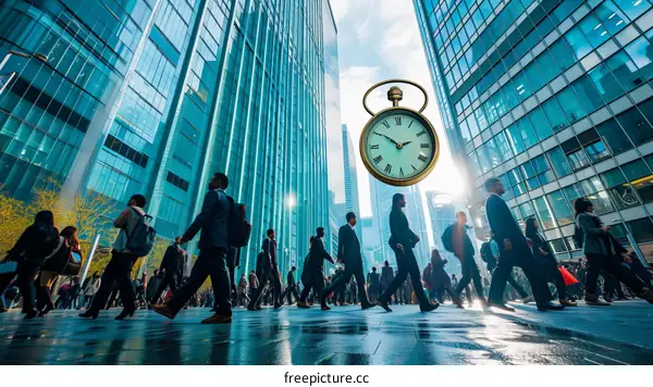 People walking in the city with a giant clock in the background