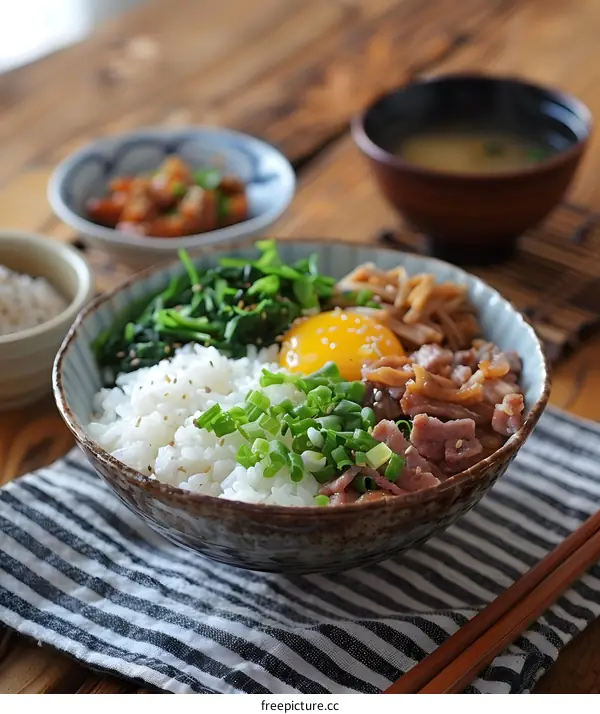 A delicious Japanese dish with rice, egg, pork and vegetables.