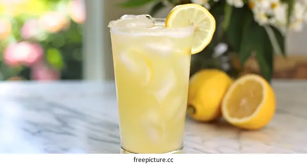 Refreshing Lemonade with Ice and Lemon Slice in Glass