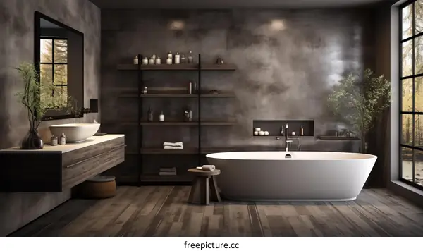Modern Dark Wood Bathroom with Freestanding Bathtub