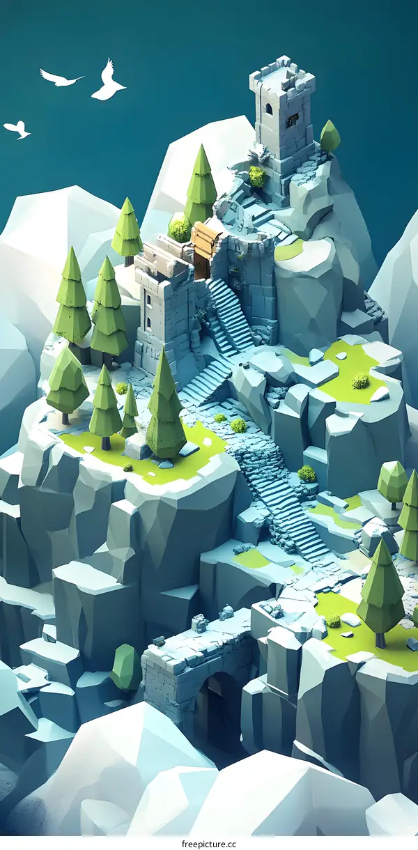 Low Poly Stone Castle with Bridge and Stairs