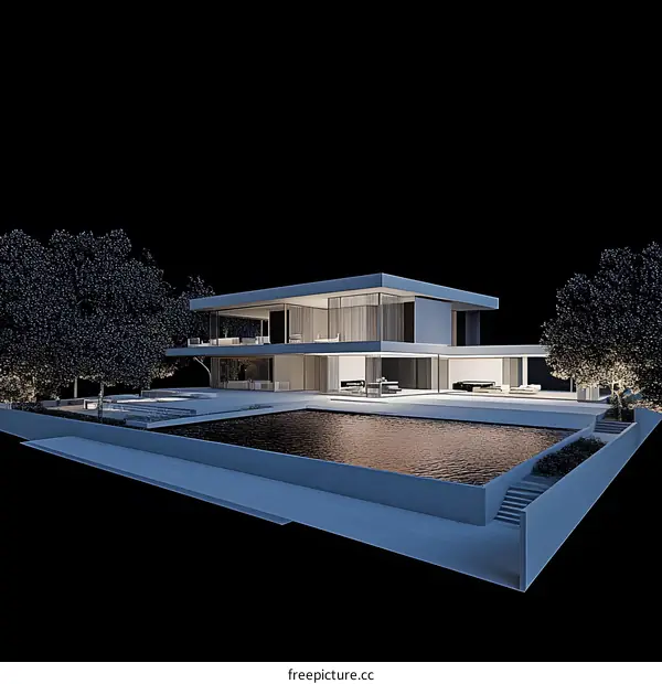 Modern House with Swimming Pool and Garden at Night