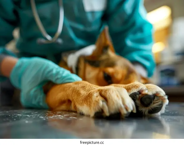 Veterinarian Examines Dog's Paw