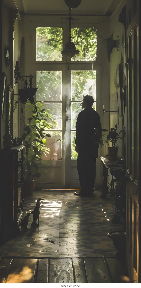 Man standing in a sunlit hallway looking out at a garden
