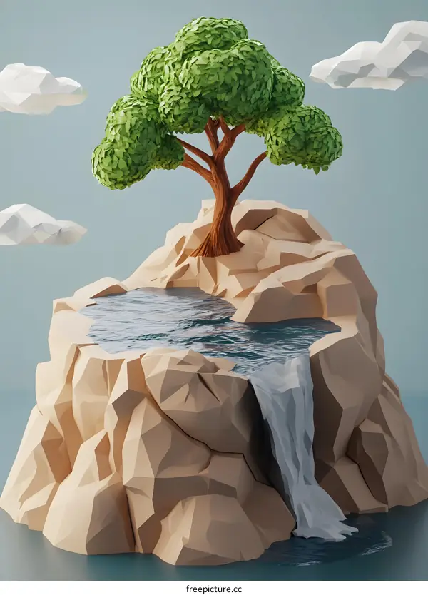 Low Poly 3D Render of Tree on Rock with Waterfall